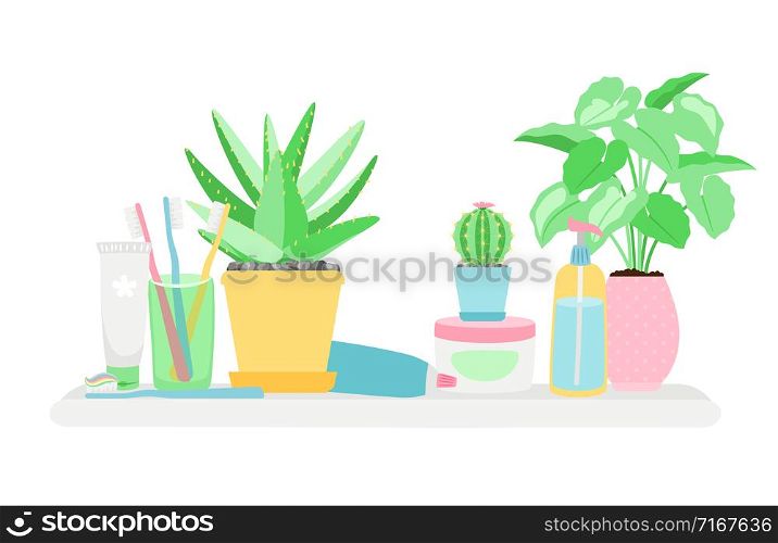 Shelf in the bathroom with plants and gygiene objects vector isolated on white background. Illustration of shelf bathroom, hygiene and sanitary. Shelf in the bathroom with plants and gygiene objects vector isolated on white background