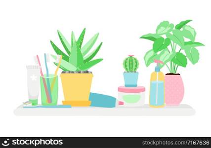 Shelf in the bathroom with plants and gygiene objects vector isolated on white background. Illustration of shelf bathroom, hygiene and sanitary. Shelf in the bathroom with plants and gygiene objects vector isolated on white background