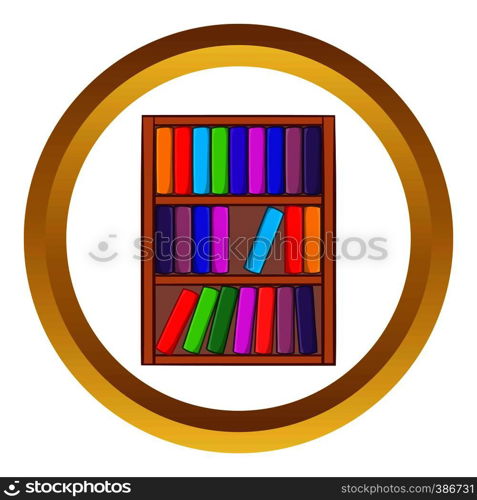 Shelf of books vector icon in golden circle, cartoon style isolated on white background. Shelf of books vector icon