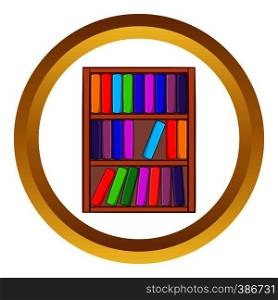 Shelf of books vector icon in golden circle, cartoon style isolated on white background. Shelf of books vector icon