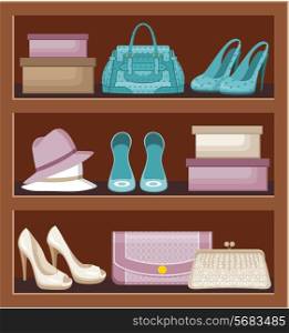 Shelf with bags and shoes. vector