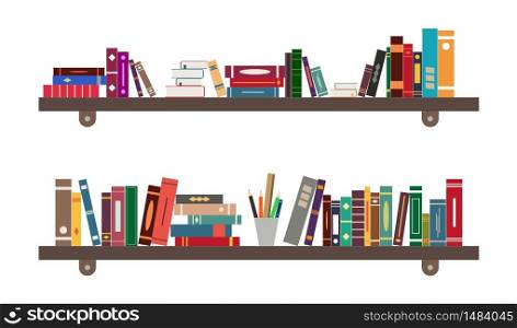 Shelf with book. Library on bookshelf. Bookcase in school, room or bookstore. Background for study, education. Interior with furniture in office. Pile of literature in home cabinet. Flat icon. Vector.. Shelf with book. Library on bookshelf. Bookcase in school, room or bookstore. Background for study, education. Interior with furniture in office. Pile of literature in home cabinet. Flat icon. Vector
