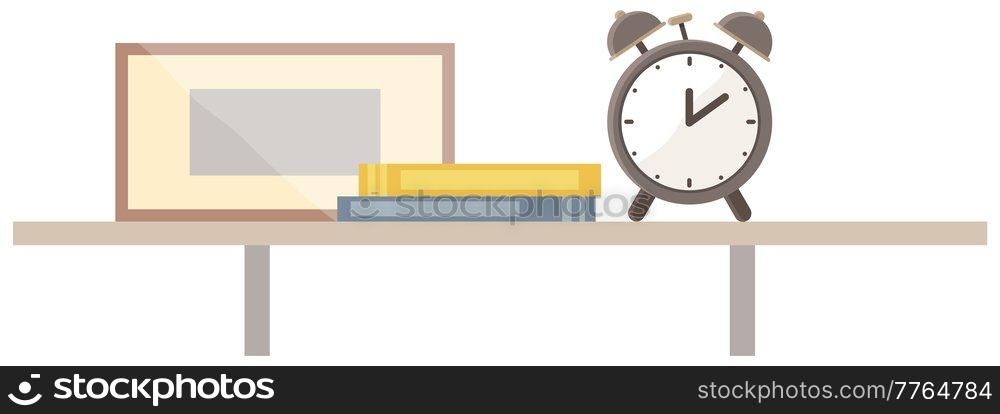 Shelf with books and alarm clock. Hanging shelf with interior elements and decorations for room design. Wooden object holder vector illustration. Shelving for items isolated on white backdround. Shelf with books and alarm clock. Hanging shelving with interior elements and decorations for room