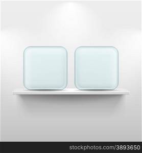 Shelf with glass app icon placeholders on white background