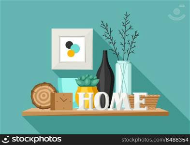 Shelf with home decor. Vase, picture and plant.. Shelf with home decor. Vase, picture and plant. Illustration in flat style.