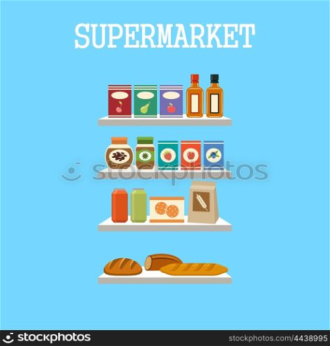Shelfs with products on a blue background. Vector