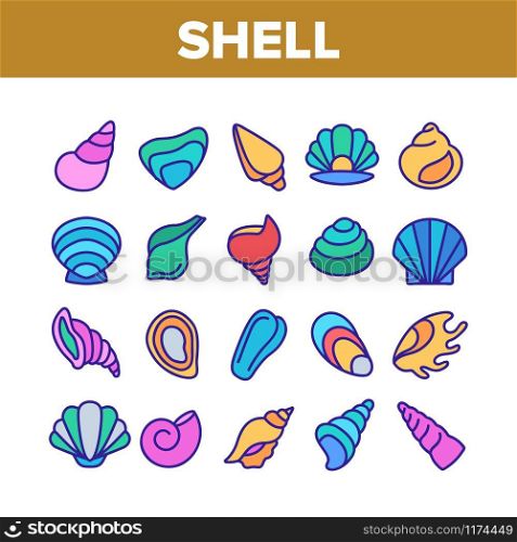 Shell And Marine Conch Collection Icons Set Vector Thin Line. Nature Ocean Shell For Shellfish, Aquatic Decorative Seashell And Cockleshell Concept Linear Pictograms. Color Contour Illustrations. Shell And Marine Conch Collection Icons Set Vector