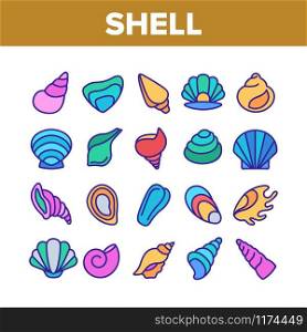 Shell And Marine Conch Collection Icons Set Vector Thin Line. Nature Ocean Shell For Shellfish, Aquatic Decorative Seashell And Cockleshell Concept Linear Pictograms. Color Contour Illustrations. Shell And Marine Conch Collection Icons Set Vector