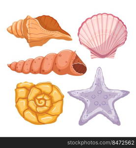 shell sea set cartoon vector. marine seashell, beach snail, ocean conch, clam animal, water scalop shell sea. isolated color illustration. shell sea set cartoon vector