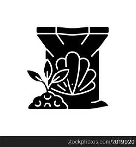 Shellfish fertilizer black glyph icon. Organic soil and plants supplement. Seafood byproduct as plant feeding. Natural additive. Silhouette symbol on white space. Vector isolated illustration. Shellfish fertilizer black glyph icon