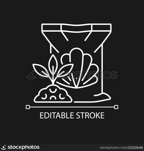 Shellfish fertilizer linear icon for dark theme. Organic soil, plants supplement. Natural additive. Thin line customizable illustration. Isolated vector contour symbol for night mode. Editable stroke. Shellfish fertilizer linear icon for dark theme
