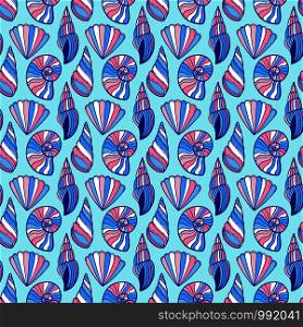 Shells seamless pattern. Tropical marine background in blue colors. Seashells pattern design. Kids textile print and wallpaper.. Shells seamless pattern. Tropical marine background in blue colors. Seashells pattern design. Kids textile print and wallpaper
