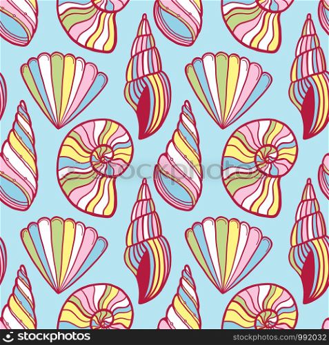 Shells vector pattern. Summer background in pastel colors. Seashells seamless pattern. Baby print for childish textile and wrapping design. Shells vector pattern. Summer background in pastel colors. Seashells seamless pattern. Baby print for childish textile and wrapping design.
