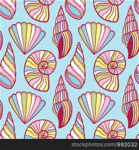 Shells vector pattern. Summer background in pastel colors. Seashells seamless pattern. Baby print for childish textile and wrapping design. Shells vector pattern. Summer background in pastel colors. Seashells seamless pattern. Baby print for childish textile and wrapping design.