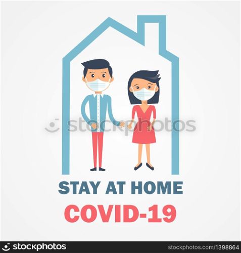 Shelter in place icon. Pandemic of coronavirus and social distancing symbol. Stay at home Covid-19 text and people in mask in house logo. Self isolation in home poster, banner, card design, social media. Shelter in place icon. Pandemic of coronavirus and social distancing symbol. Stay at home Covid-19 text and house logo. Self isolation in home poster, banner, card design.