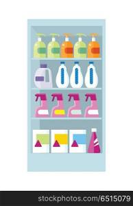 Shelve in shop with household chemicals vector. Assortment of household cleaners and cosmetics section in supermarket. Illustration for stores ad, shopping and merchandising concepts. . Shelves with Household Chemicals Illustration.. Shelves with Household Chemicals Illustration.