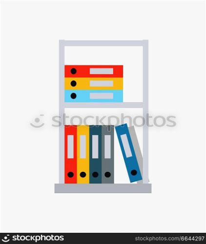 Shelves and document cases of different colours lying on them, organized information collection, of catalogues on vector illustration. Shelves and Document Cases on Vector Illustration
