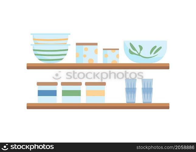 Shelves for kitchen semi flat color vector objects. Household items. Realistic item on white. Porcelain and tableware isolated modern cartoon style illustration for graphic design and animation. Shelves for kitchen semi flat color vector objects