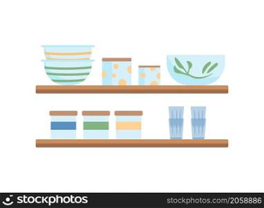 Shelves for kitchen semi flat color vector objects. Household items. Realistic item on white. Porcelain and tableware isolated modern cartoon style illustration for graphic design and animation. Shelves for kitchen semi flat color vector objects