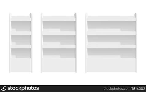 Shelves mockup. Isolated store rack, 3d blank supermarket displays. Realistic presentation stand, white product showcase recent vector set. Supermarket shop shelf to advertising and order illustration. Shelves mockup. Isolated store rack, 3d blank supermarket displays. Realistic presentation stands, white product showcase recent vector set