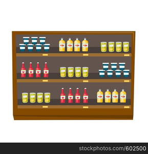 Shelves of grocery store with various products vector cartoon illustration isolated on white background.. Grocery store shelves with products vector cartoon