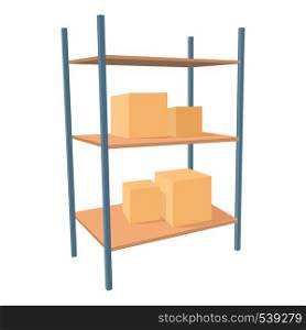Shelves with cardboard boxes icon in cartoon style on a white background. Shelves with cardboard boxes icon, cartoon style