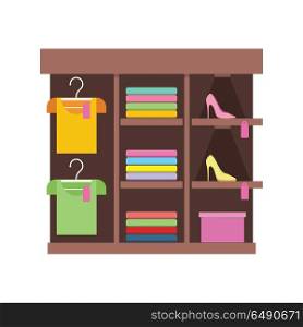 Shelves with Clothes in Shop.. Shelves with clothes in shop. Clothing store illustration. People shopping, marketing people, customer in mall, retail store illustration. Isolated object on white background. Vector illustration.