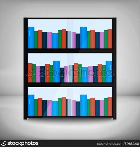 Shelves with colorful books in flat design style.. Shelves with colorful books