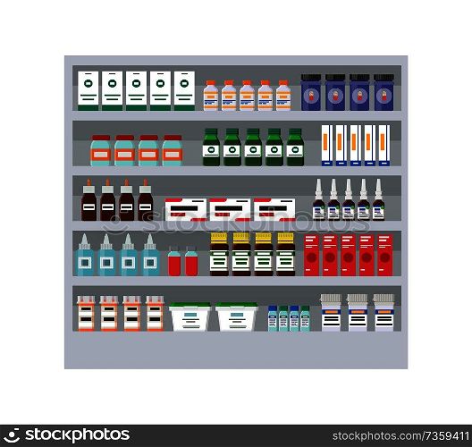 Shelves with different medicines in pharmacy card, vector illustration isolated on white background, collection of medical remedies, sprays and flasks. Shelves with Different Medicines in Pharmacy Card