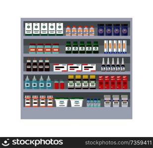 Shelves with different medicines in pharmacy card, vector illustration isolated on white background, collection of medical remedies, sprays and flasks. Shelves with Different Medicines in Pharmacy Card