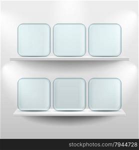 Shelves with glass app icon placeholders on white background