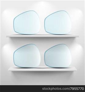 Shelves with glass app icon placeholders on white background