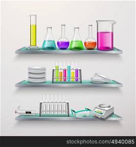 Shelves With Lab Equipment Composition. Laboratory equipment on three glass shelves composition with test tubes colorful liquids in vessels flat vector illustration