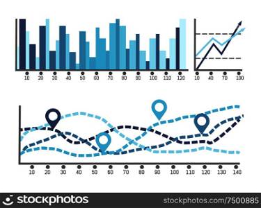 Sheme with numbers and visualised data on charts vector. Report statistic of figures, growing and falling flowchart, infographic and diagrams design. Scheme with Numbers and Visualized Data on Charts