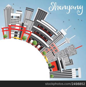 Shenyang Skyline with Gray Buildings, Blue Sky and Copy Space. Vector Illustration. Business Travel and Tourism Concept with Modern Architecture. Image for Presentation Banner Placard and Web Site.