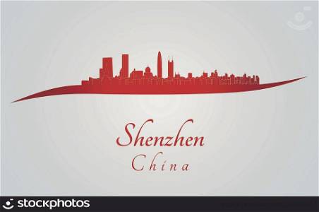 Shenzhen skyline in red and gray background in editable vector file