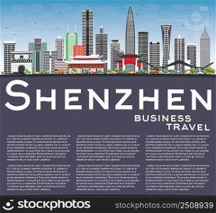 Shenzhen Skyline with Gray Buildings, Blue Sky and Copy Space. Vector Illustration. Business Travel and Tourism Concept with Modern Architecture. Image for Presentation Banner Placard and Web Site.