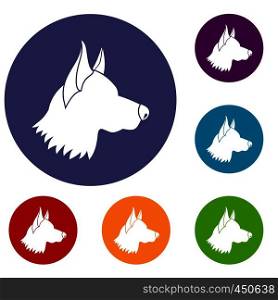 Shepherd dog icons set in flat circle reb, blue and green color for web. Shepherd dog icons set