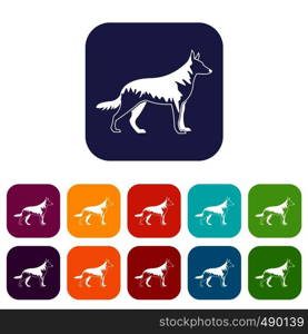 Shepherd dog icons set vector illustration in flat style in colors red, blue, green, and other. Shepherd dog icons set