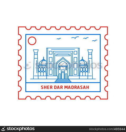 SHER DAR MADRASAH postage stamp Blue and red Line Style, vector illustration