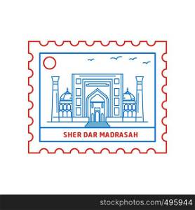 SHER DAR MADRASAH postage stamp Blue and red Line Style, vector illustration