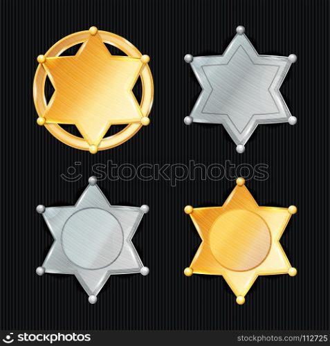 Sheriff Badge Star Vector Set. Different Types. Classic Symbol. Municipal City Law Enforcement Department. Isolated On Black Background.. Sheriff Badge Star Vector Set. Different Types. Classic Symbol. Municipal City Law Enforcement Department. Isolated On Black