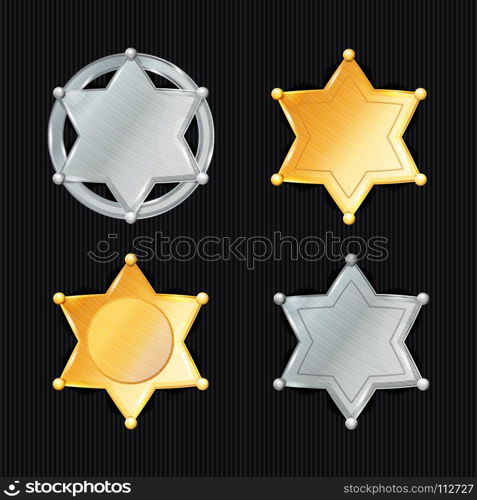 Sheriff Badge Star Vector Set. Different Types. Classic Symbol. Municipal City Law Enforcement Department. Isolated On Black Background.. Sheriff Badge Star Vector Set. Different Types. Classic Symbol. Municipal City Law Enforcement Department. Isolated On Black