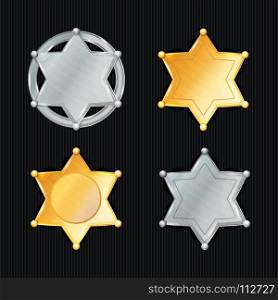 Sheriff Badge Star Vector Set. Different Types. Classic Symbol. Municipal City Law Enforcement Department. Isolated On Black Background.. Sheriff Badge Star Vector Set. Different Types. Classic Symbol. Municipal City Law Enforcement Department. Isolated On Black