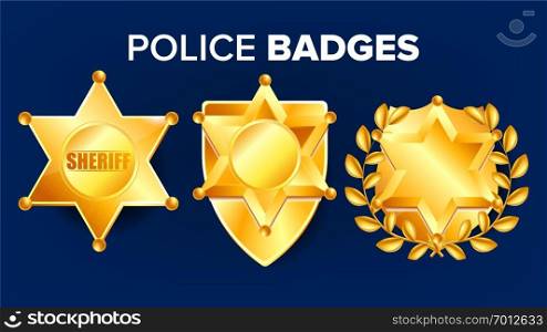 Sheriff Badge Vector. Golden Star. Officer Icon. Detective Insignia. Sevurity Emblem. Western Style. Retro Object. Realistic Illustration. Sheriff Badge Vector. Golden Star. Officer Icon. Detective Insignia. Sevurity Emblem. Western Style. Retro Object. 3D Realistic Illustration
