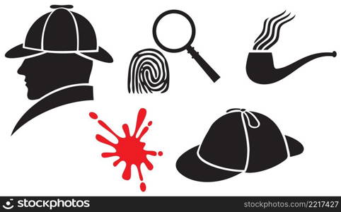 Sherlock Holmes icons  hat, magnifier, blood, fingerprint, pipe 