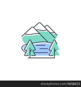 Shey-phoksundo national park RGB color icon. Deepest lake in Nepal. Trans-Himalayan region. Flora and fauna diversity. Alpine freshwater lake. Isolated vector illustration. Simple filled line drawing. Shey-phoksundo national park RGB color icon