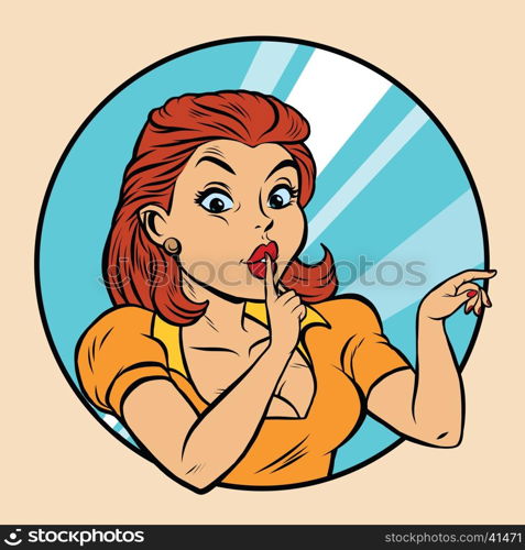 Shh gesture, beautiful young woman, pop art retro comic book vector illustration. Silence