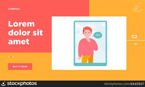 Shh man on tablet computer screen. Finger, silence, speech bubble flat vector illustration. Communication and message concept for banner, website design or landing web page