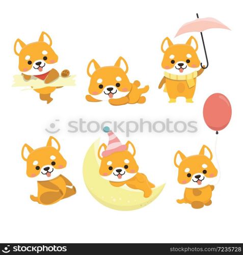 Shiba Inu Dog Cartoon Set Vector.